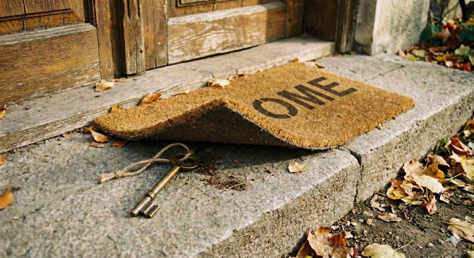 A doormat and a key on the stepsAI-generated content may be incorrect.