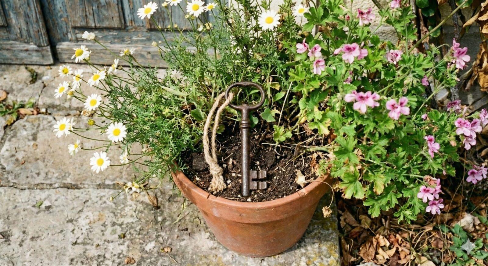A potted plant with a key in itAI-generated content may be incorrect.
